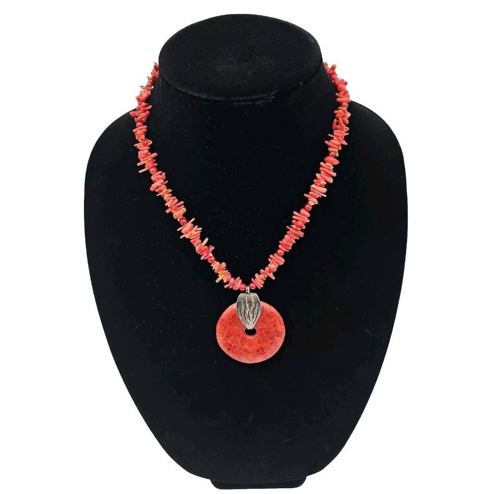 JBB Joshua Benbassat 925 Sterling Silver Coral Disc Pendant 18" Necklace - Picture 2 of 5